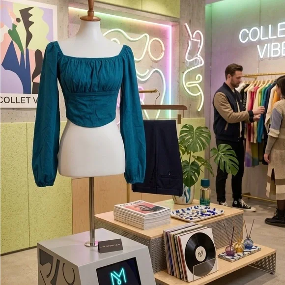 Jaspa Teal Long Sleeve Corset Crop Top Smocked Back Small - Picture 6 of 6